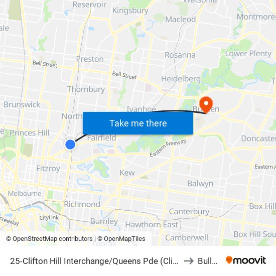 25-Clifton Hill Interchange/Queens Pde (Clifton Hill) to Bulleen map