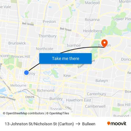 13-Johnston St/Nicholson St (Carlton) to Bulleen map