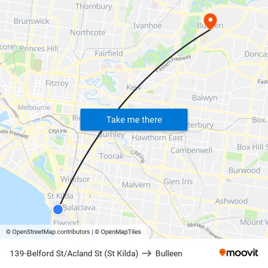 139-Belford St/Acland St (St Kilda) to Bulleen map