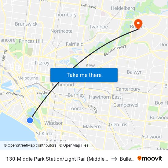 130-Middle Park Station/Light Rail (Middle Park) to Bulleen map