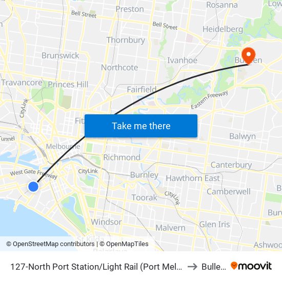 127-North Port Station/Light Rail (Port Melbourne) to Bulleen map