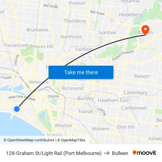 128-Graham St/Light Rail (Port Melbourne) to Bulleen map