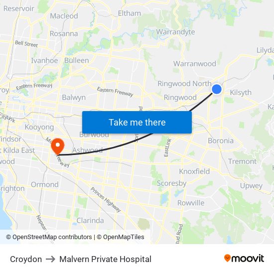 Croydon to Malvern Private Hospital map