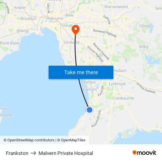 Frankston to Malvern Private Hospital map