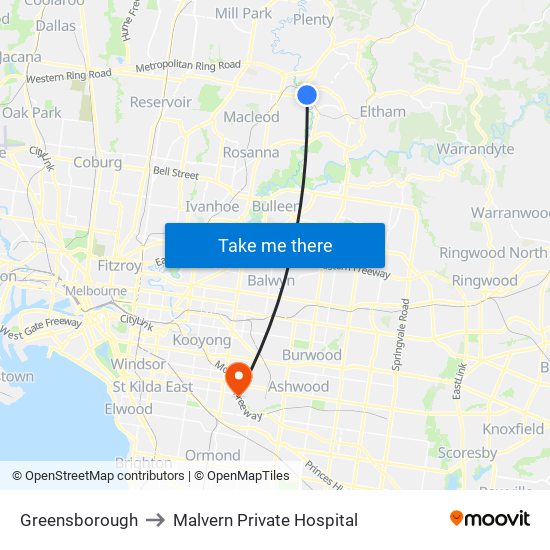 Greensborough to Malvern Private Hospital map