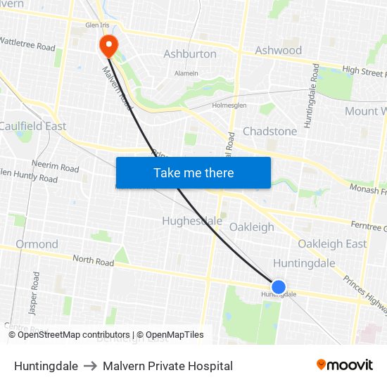 Huntingdale to Malvern Private Hospital map