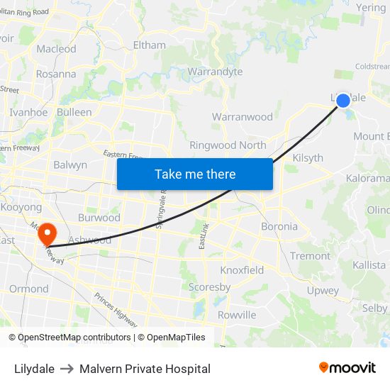 Lilydale to Malvern Private Hospital map