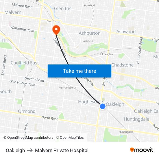 Oakleigh to Malvern Private Hospital map