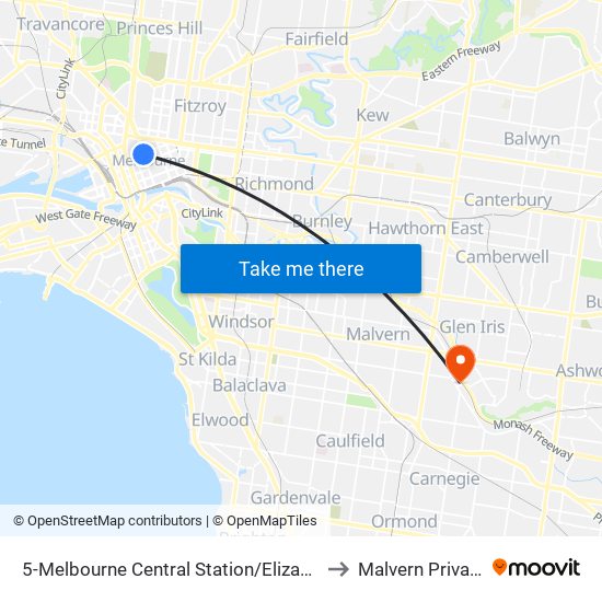 5-Melbourne Central Station/Elizabeth St (Melbourne City) to Malvern Private Hospital map