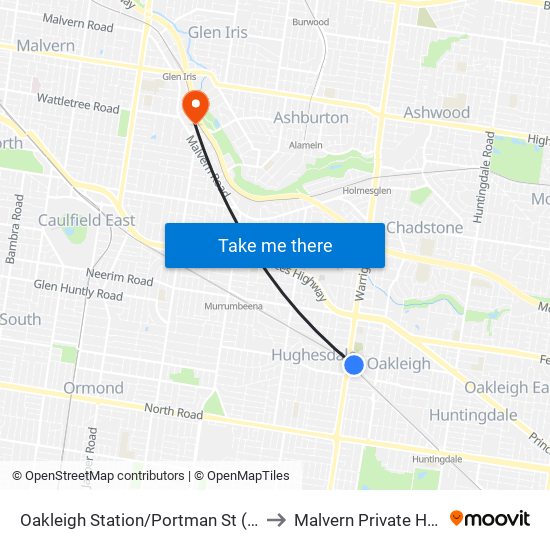 Oakleigh Station/Portman St (Oakleigh) to Malvern Private Hospital map