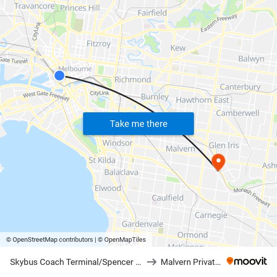 Skybus Coach Terminal/Spencer St (Melbourne City) to Malvern Private Hospital map