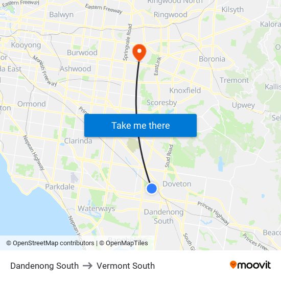 Dandenong South to Vermont South map