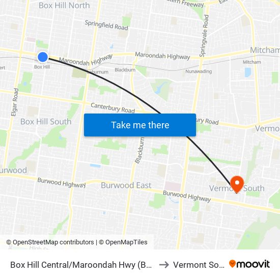 Box Hill Central/Maroondah Hwy (Box Hill) to Vermont South map