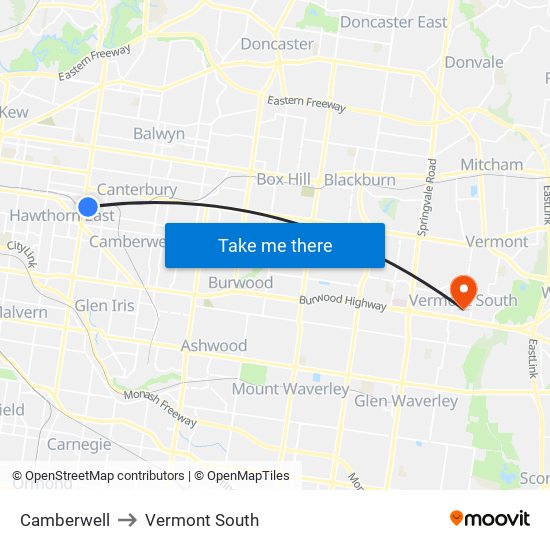 Camberwell to Vermont South map