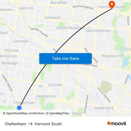 Cheltenham to Vermont South map