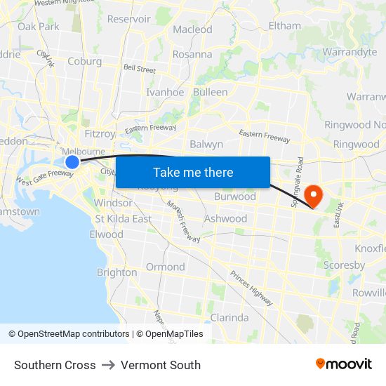 Southern Cross to Vermont South map