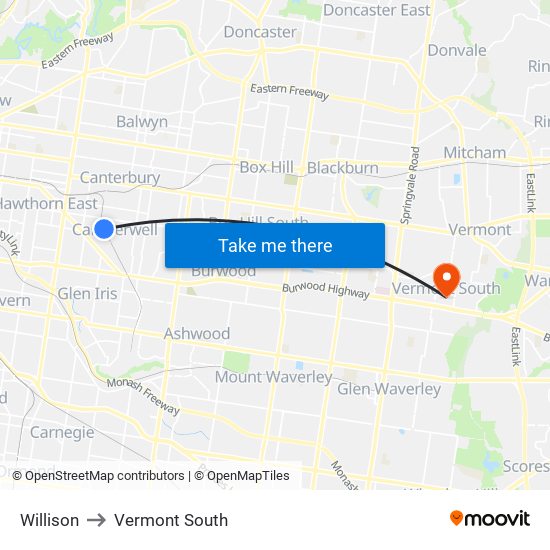 Willison to Vermont South map