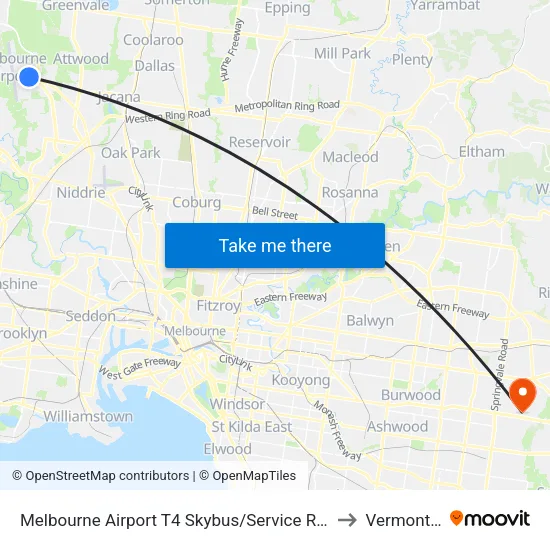 Melbourne Airport T4 Skybus/Service Rd to Vermont South map