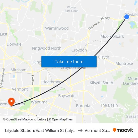 Lilydale Station/East William St (Lilydale) to Vermont South map