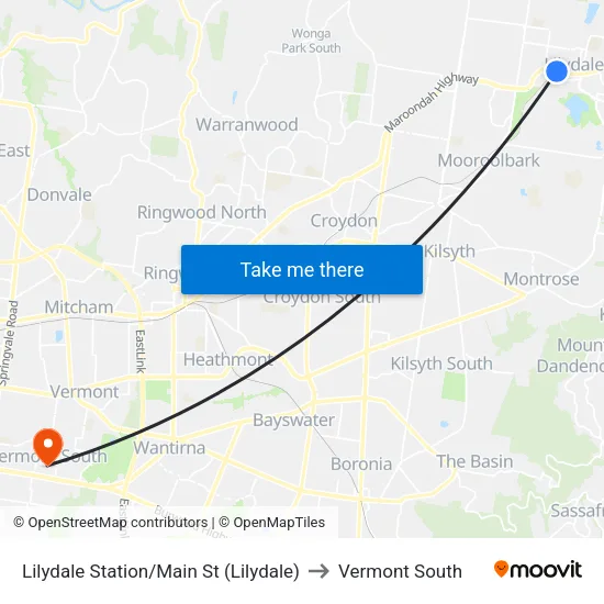 Lilydale Station/Main St to Vermont South map
