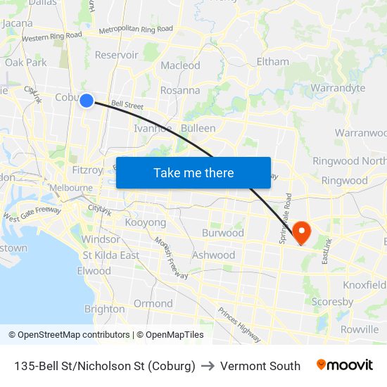 135-Bell St/Nicholson St (Coburg) to Vermont South map