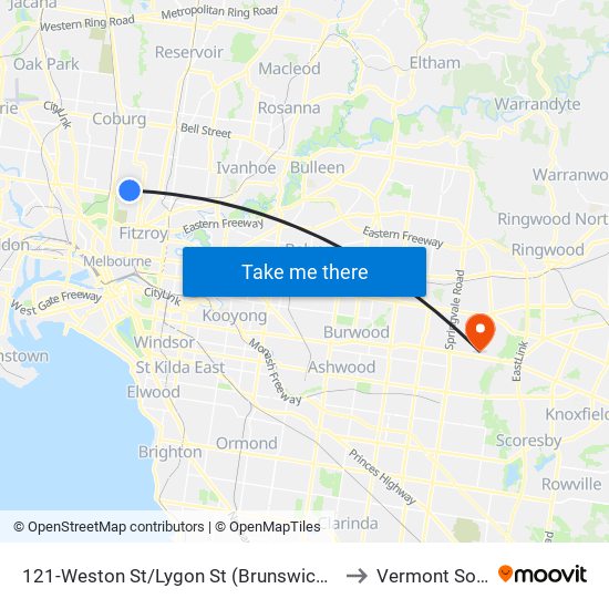 121-Weston St/Lygon St (Brunswick East) to Vermont South map