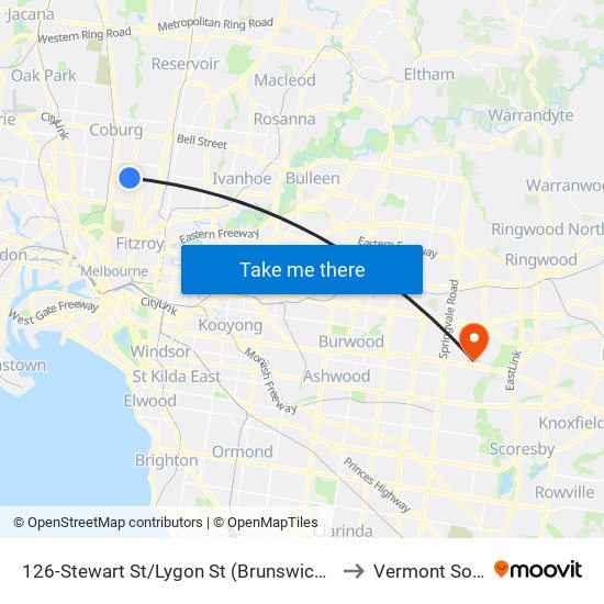 126-Stewart St/Lygon St (Brunswick East) to Vermont South map