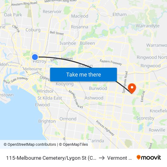 115-Melbourne Cemetery/Lygon St (Carlton North) to Vermont South map