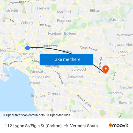 112-Lygon St/Elgin St (Carlton) to Vermont South map