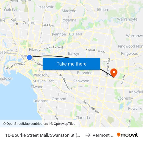 10-Bourke Street Mall/Swanston St (Melbourne City) to Vermont South map