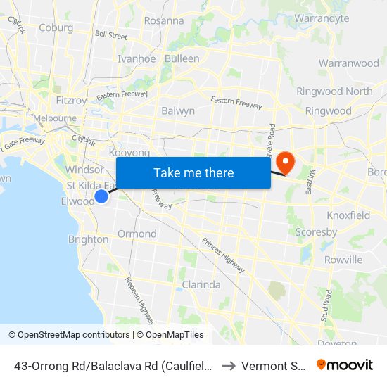 43-Orrong Rd/Balaclava Rd (Caulfield North) to Vermont South map