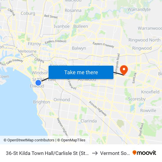 36-St Kilda Town Hall/Carlisle St (St Kilda) to Vermont South map