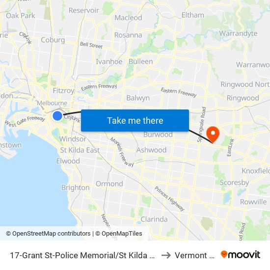 17-Grant St-Police Memorial/St Kilda Rd (Southbank) to Vermont South map