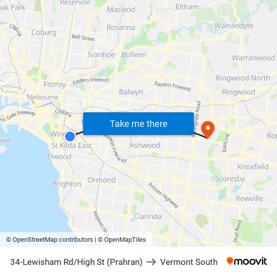 34-Lewisham Rd/High St (Prahran) to Vermont South map