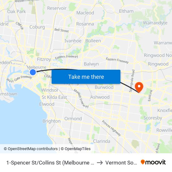 1-Spencer St/Collins St (Melbourne City) to Vermont South map