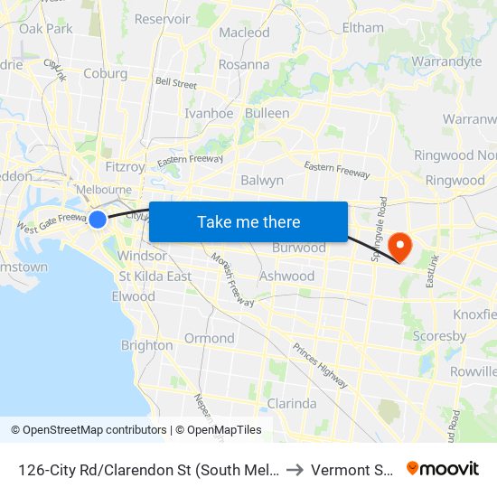 126-City Rd/Clarendon St (South Melbourne) to Vermont South map