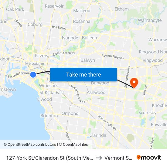 127-York St/Clarendon St (South Melbourne) to Vermont South map