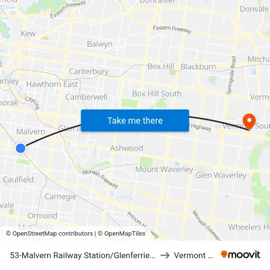 Malvern Railway Station/Glenferrie Rd #53 to Vermont South map
