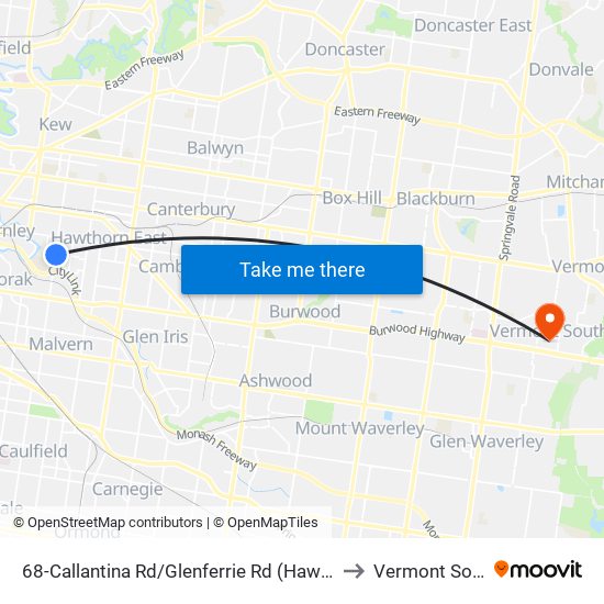 68-Callantina Rd/Glenferrie Rd (Hawthorn) to Vermont South map