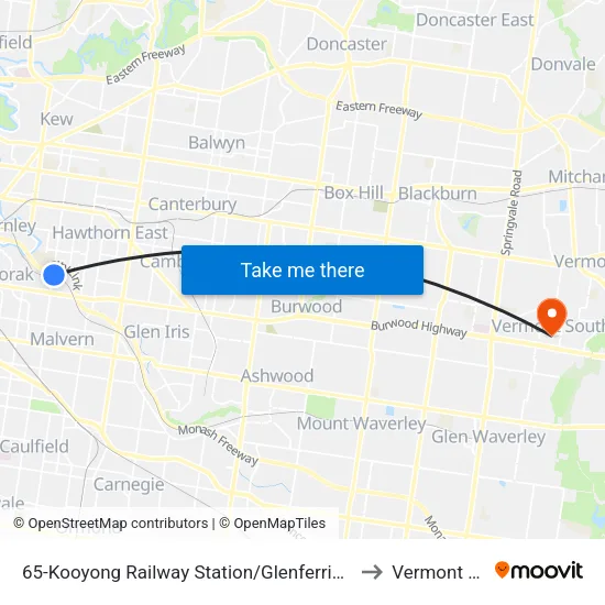 Kooyong Railway Station/Glenferrie Rd #65 to Vermont South map