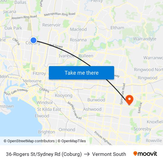 36-Rogers St/Sydney Rd (Coburg) to Vermont South map