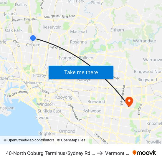 40-North Coburg Terminus/Sydney Rd (Coburg North) to Vermont South map