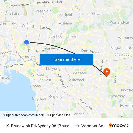 19-Brunswick Rd/Sydney Rd (Brunswick) to Vermont South map