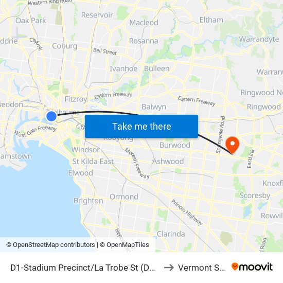 D1-Stadium Precinct/La Trobe St (Docklands) to Vermont South map