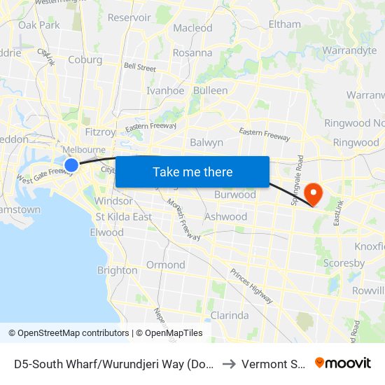 D5-South Wharf/Wurundjeri Way (Docklands) to Vermont South map