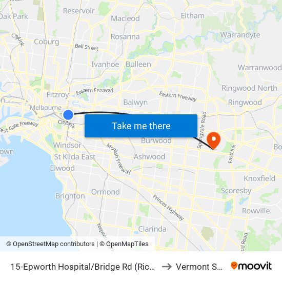 15-Epworth Hospital/Bridge Rd (Richmond) to Vermont South map