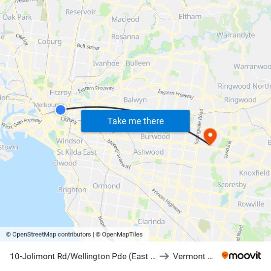 10-Jolimont Rd/Wellington Pde (East Melbourne) to Vermont South map