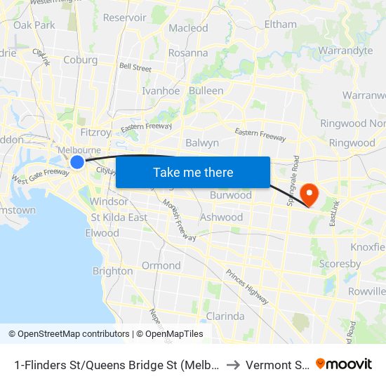 1-Flinders St/Queens Bridge St (Melbourne City) to Vermont South map