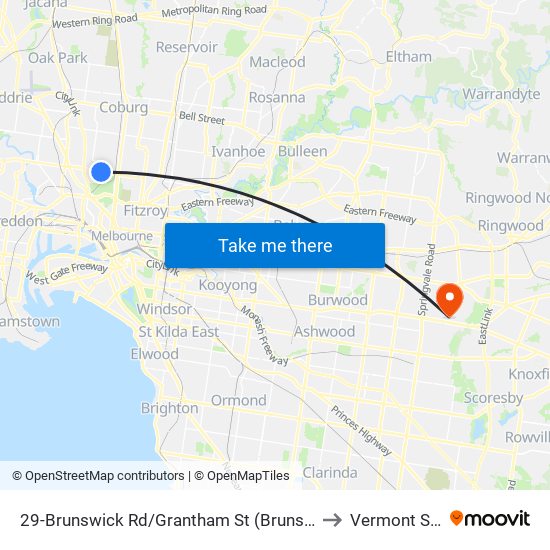 29-Brunswick Rd/Grantham St (Brunswick West) to Vermont South map