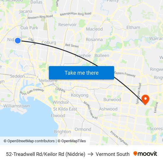 52-Treadwell Rd/Keilor Rd (Niddrie) to Vermont South map